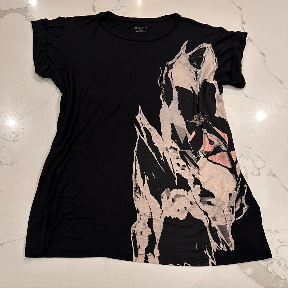 AllSaints Rip It Up Tee Shirt S Graphic Print Tunic Streetwear Goth Lightweight